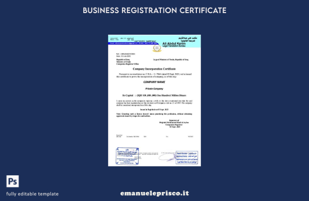Certificato di costituzione di una società irachena in stile verificato Modello 